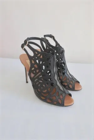Valentino Rose Laser-Cut Slingback Booties Black Leather Size 39 Peep Toe Heel                       15 >