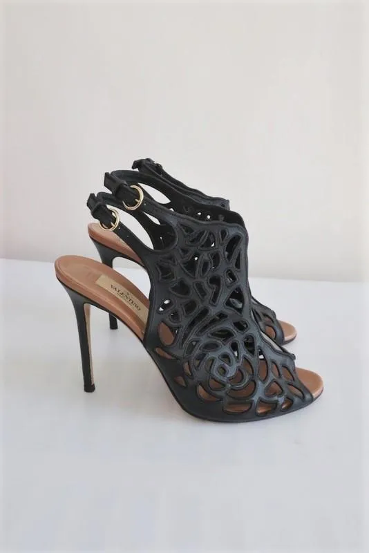 Valentino Rose Laser-Cut Slingback Booties Black Leather Size 39 Peep Toe Heel                       15 >