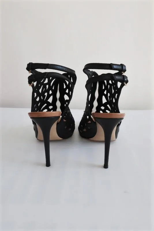 Valentino Rose Laser-Cut Slingback Booties Black Leather Size 39 Peep Toe Heel                       15 >