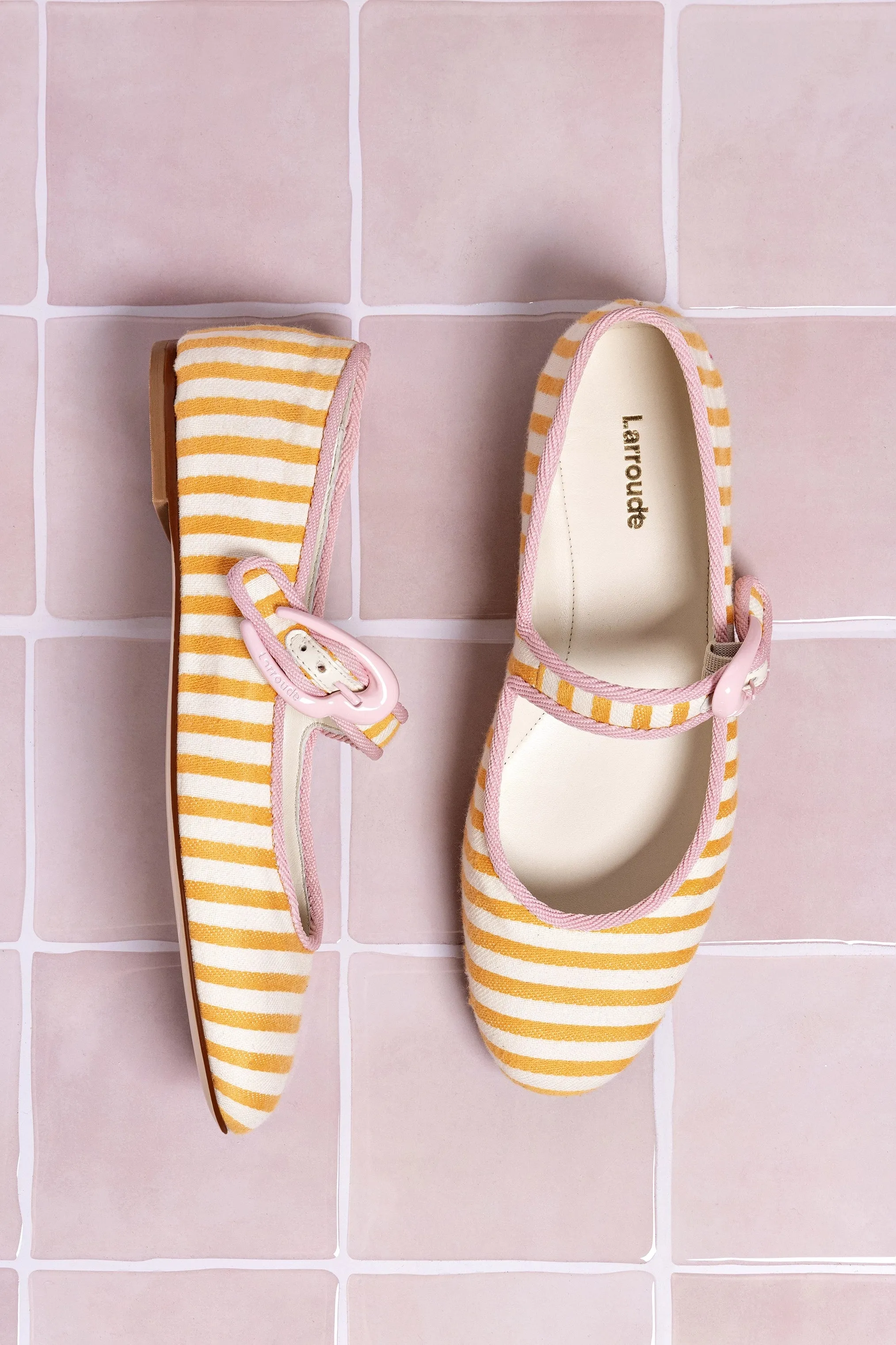 Verona Ballet Flat In Marigold and Natural Striped Fabric and Tulip Trimming