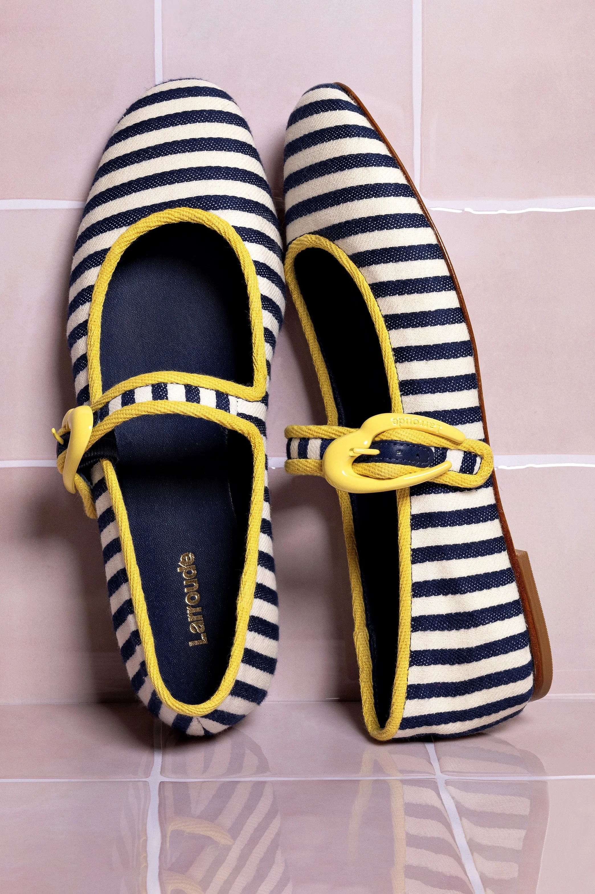 Verona Ballet Flat In Navy and Natural Striped Fabric and Lemonade Trimming