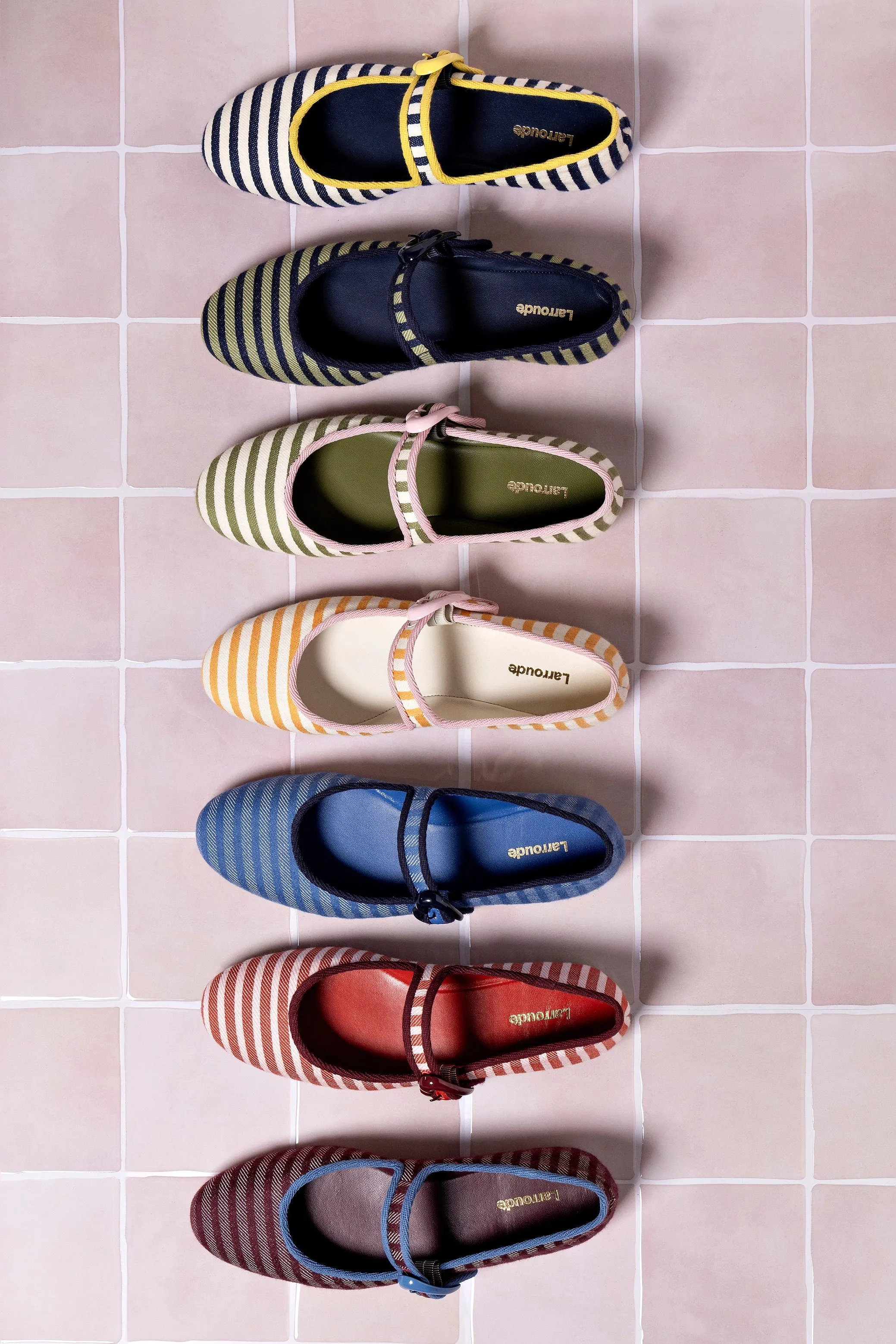 Verona Ballet Flat In Navy and Natural Striped Fabric and Lemonade Trimming