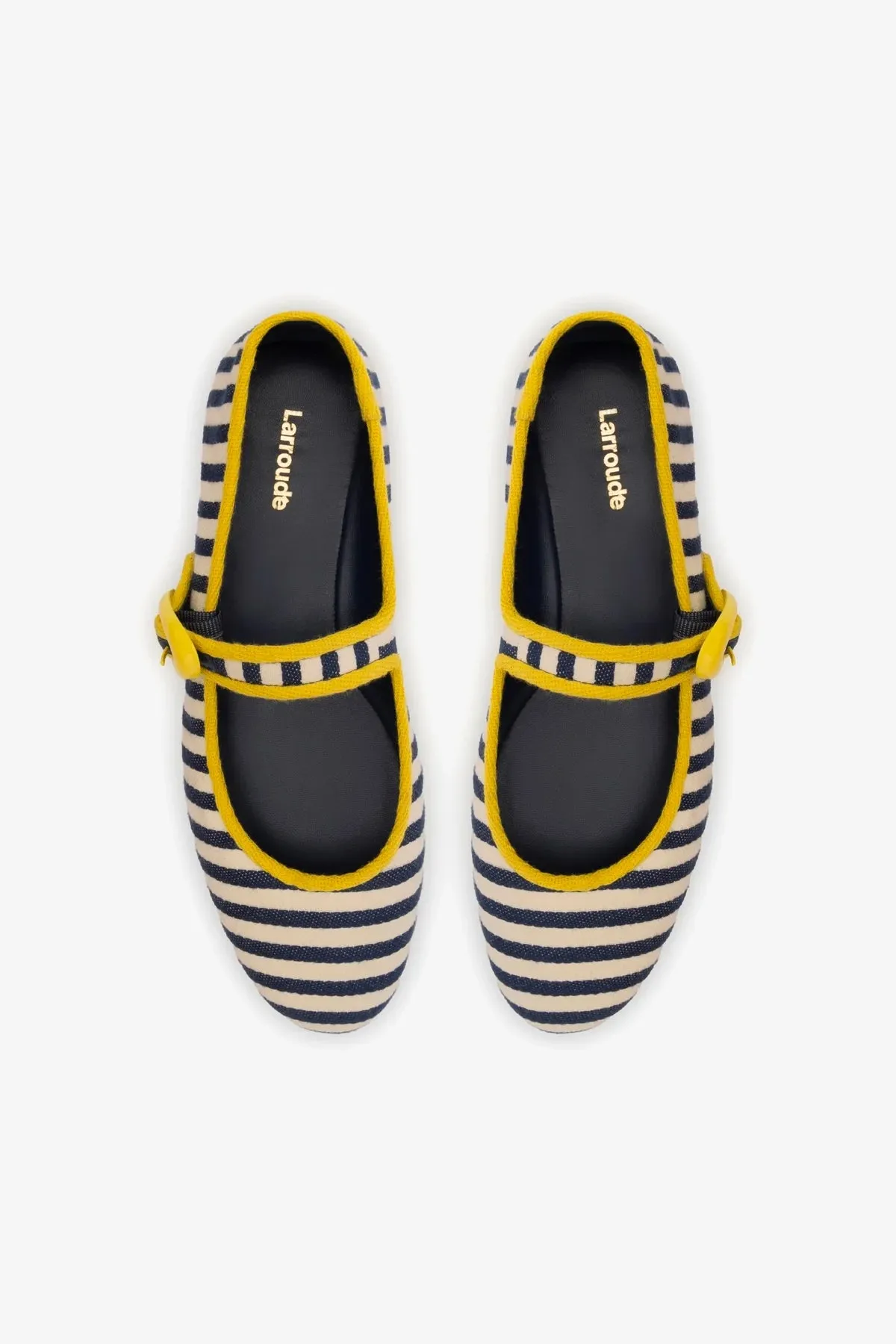 Verona Ballet Flat In Navy and Natural Striped Fabric and Lemonade Trimming