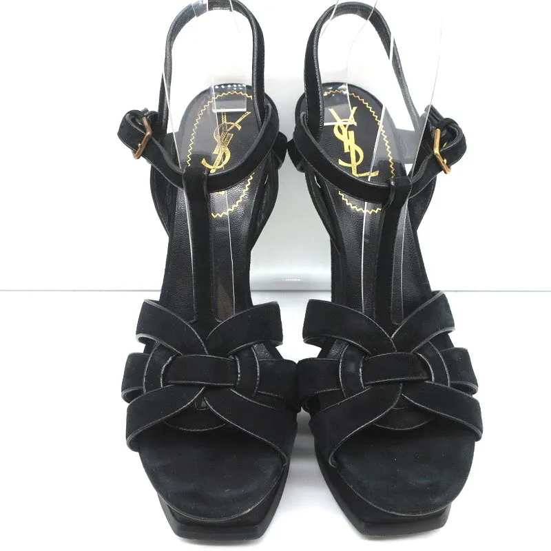 Yves Saint Laurent Tribute Platform Sandals Black Leather-Trim Suede Size 39