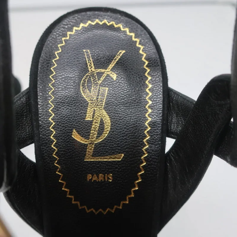 Yves Saint Laurent Tribute Platform Sandals Black Leather-Trim Suede Size 39