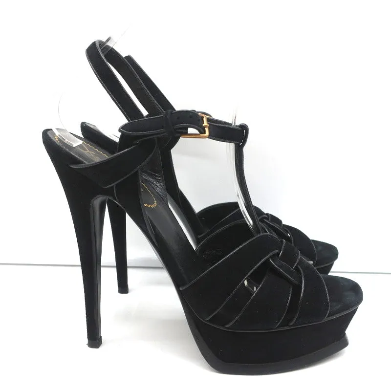 Yves Saint Laurent Tribute Platform Sandals Black Leather-Trim Suede Size 39