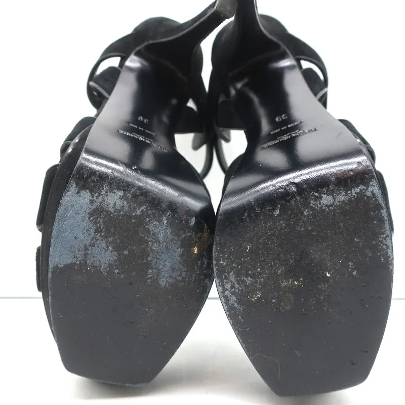 Yves Saint Laurent Tribute Platform Sandals Black Leather-Trim Suede Size 39